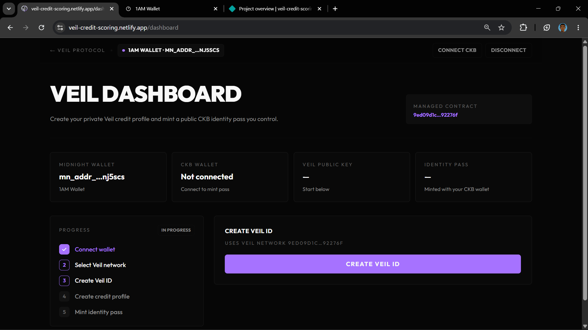 Veil Dashboard after 1AM wallet is connected
